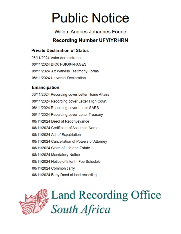 Public Notice Willem Andries Johannes Fourie Recording Number UFYIYRHRN